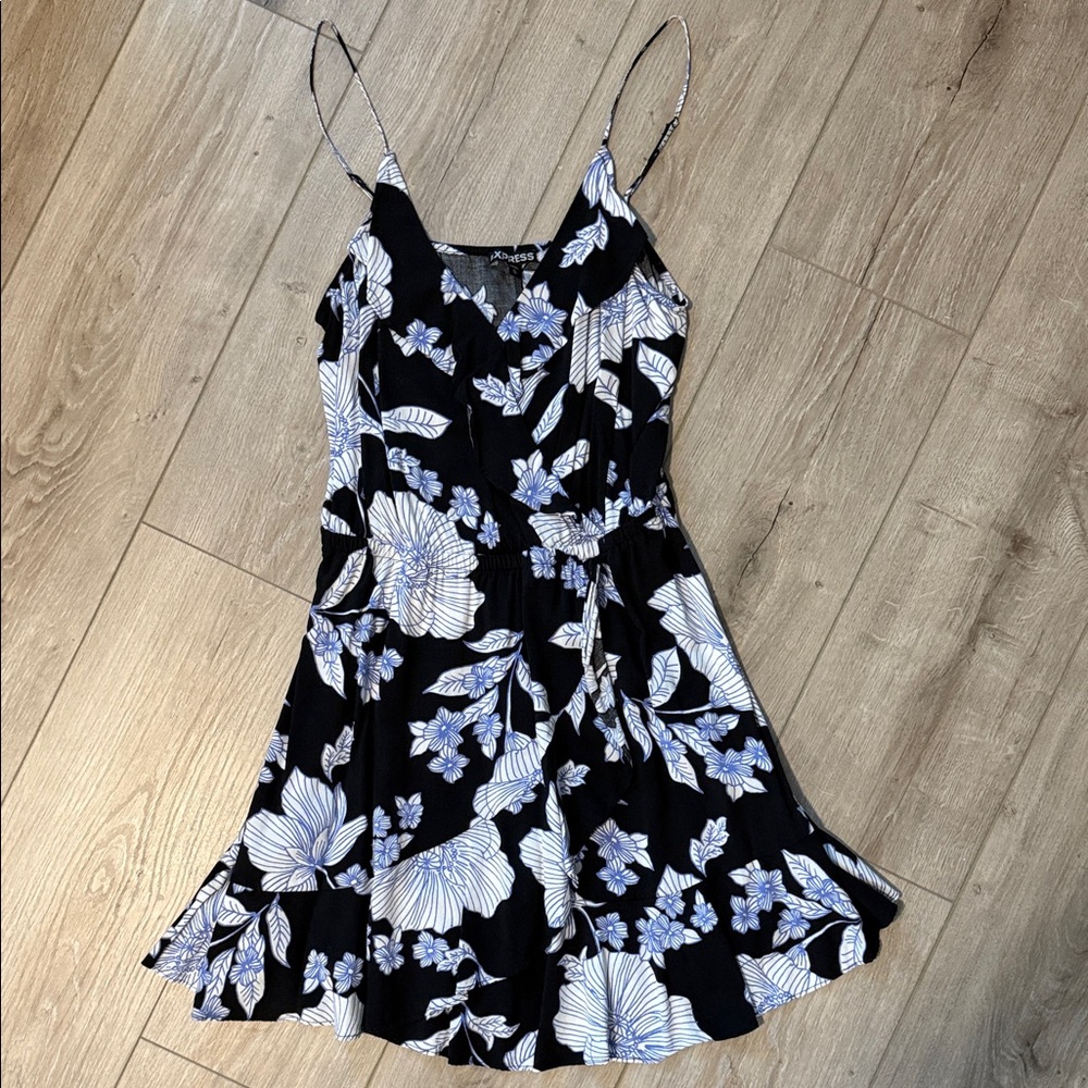 Express Black and White Ruffled Tiered Mini Dress